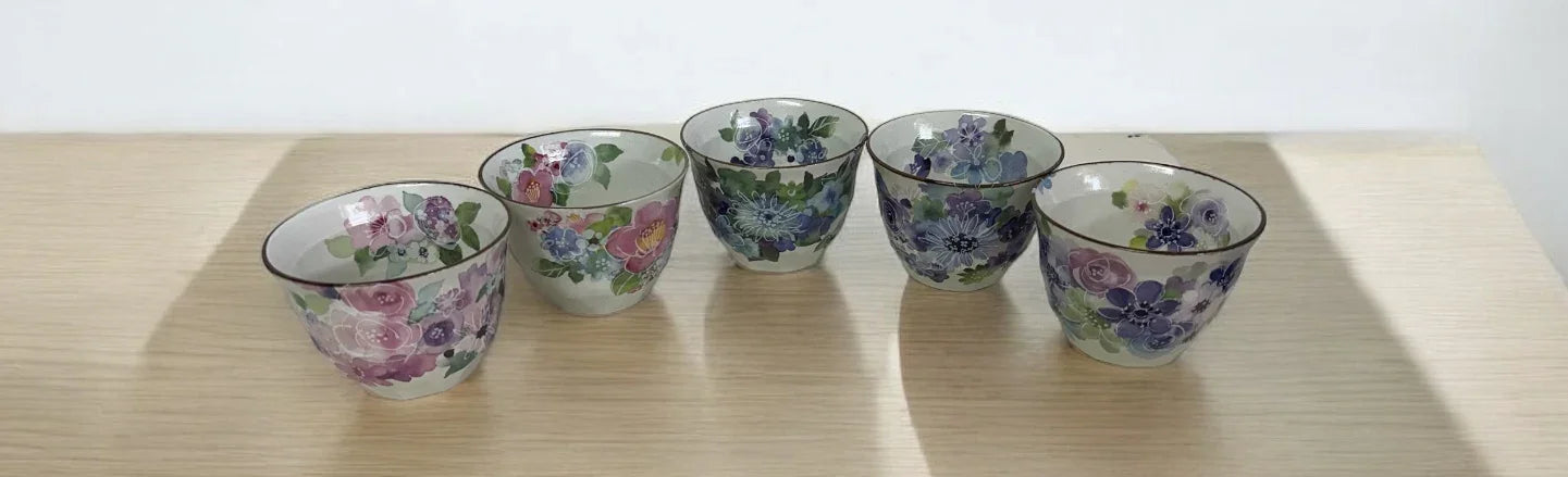 Set of 6 Japanese Mino Yaki Tea Pot Set (Blue Purple Flora) - Koki Gifts and Homeware