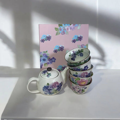 Set of 6 Japanese Mino Yaki Tea Pot Set (Blue Purple Flora) - Koki Gifts and Homeware