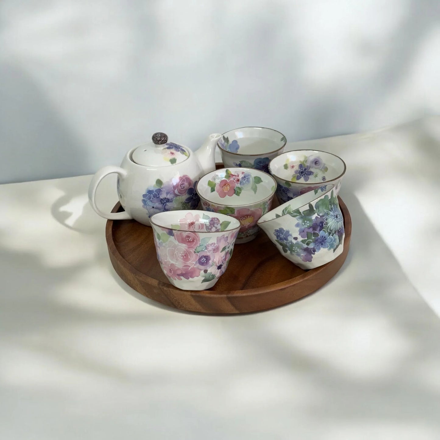 Set of 6 Japanese Mino Yaki Tea Pot Set (Blue Purple Flora) - Koki Gifts and Homeware