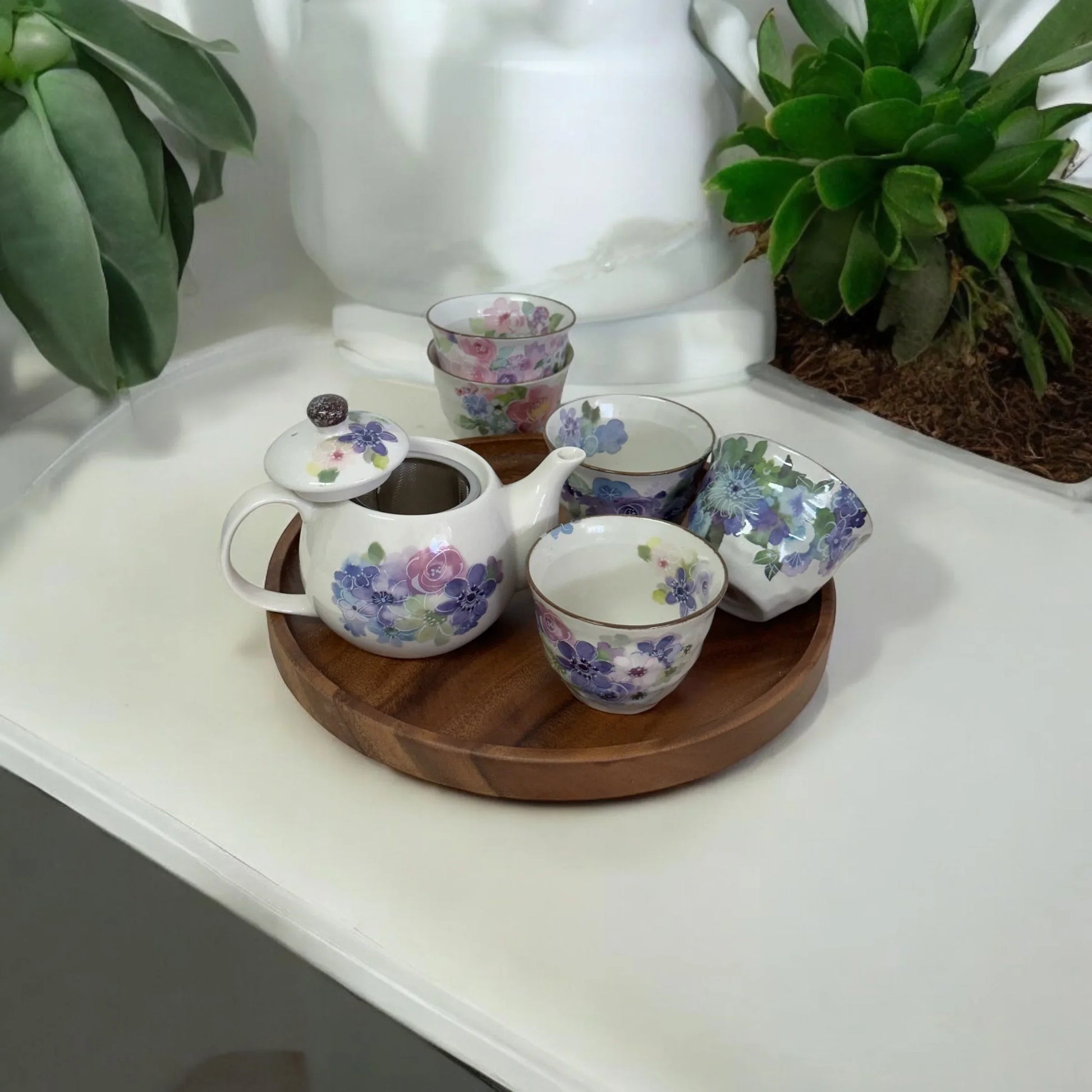 Set of 6 Japanese Mino Yaki Tea Pot Set (Blue Purple Flora) - Koki Gifts and Homeware