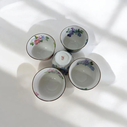 Set of 6 Japanese Mino Yaki Tea Pot Set (Blue Purple Flora) - Koki Gifts and Homeware