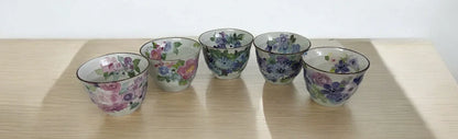 Set of 6 Japanese Mino Yaki Tea Pot Set (Blue Purple Flora) - Koki Gifts and Homeware