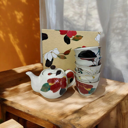 Set of 6 Japanese Mino Yaki Tea Pot Set (Red Multi Flora) - Koki Gifts and Homeware