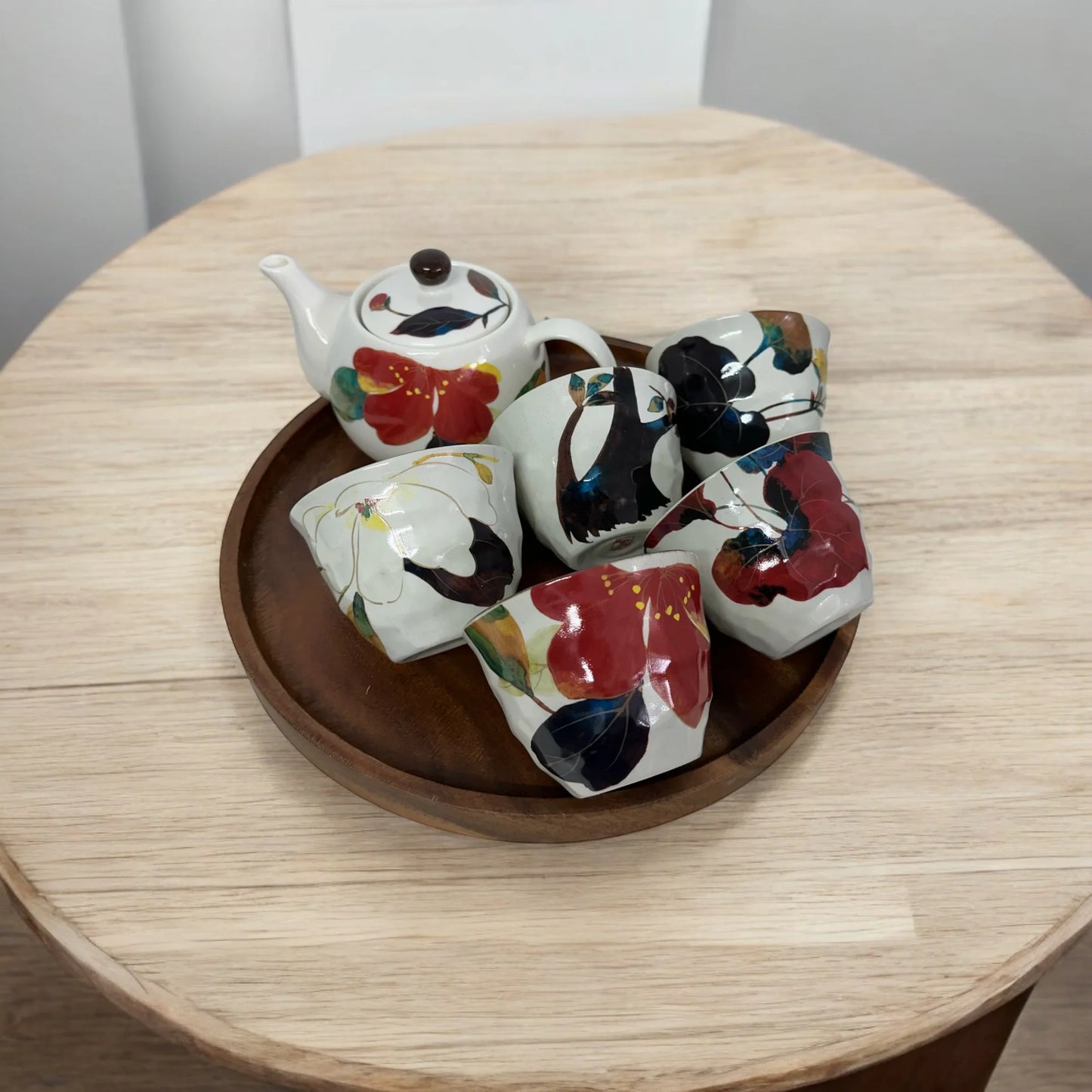 Set of 6 Japanese Mino Yaki Tea Pot Set (Red Multi Flora) - Koki Gifts and Homeware