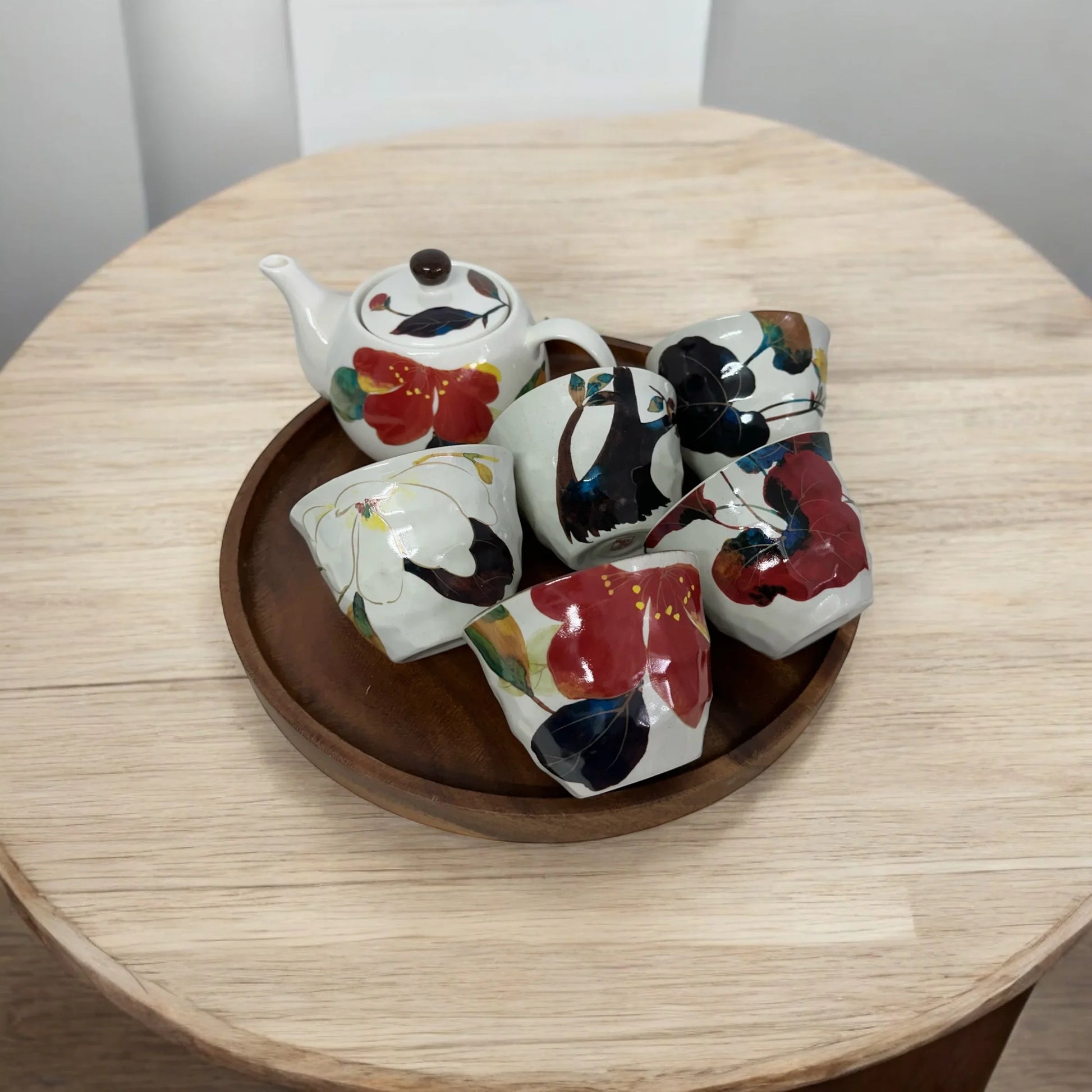 Set of 6 Japanese Mino Yaki Tea Pot Set (Red Multi Flora) - Koki Gifts and Homeware