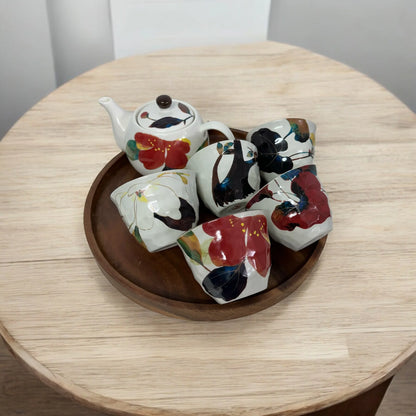 Set of 6 Japanese Mino Yaki Tea Pot Set (Red Multi Flora) - Koki Gifts and Homeware