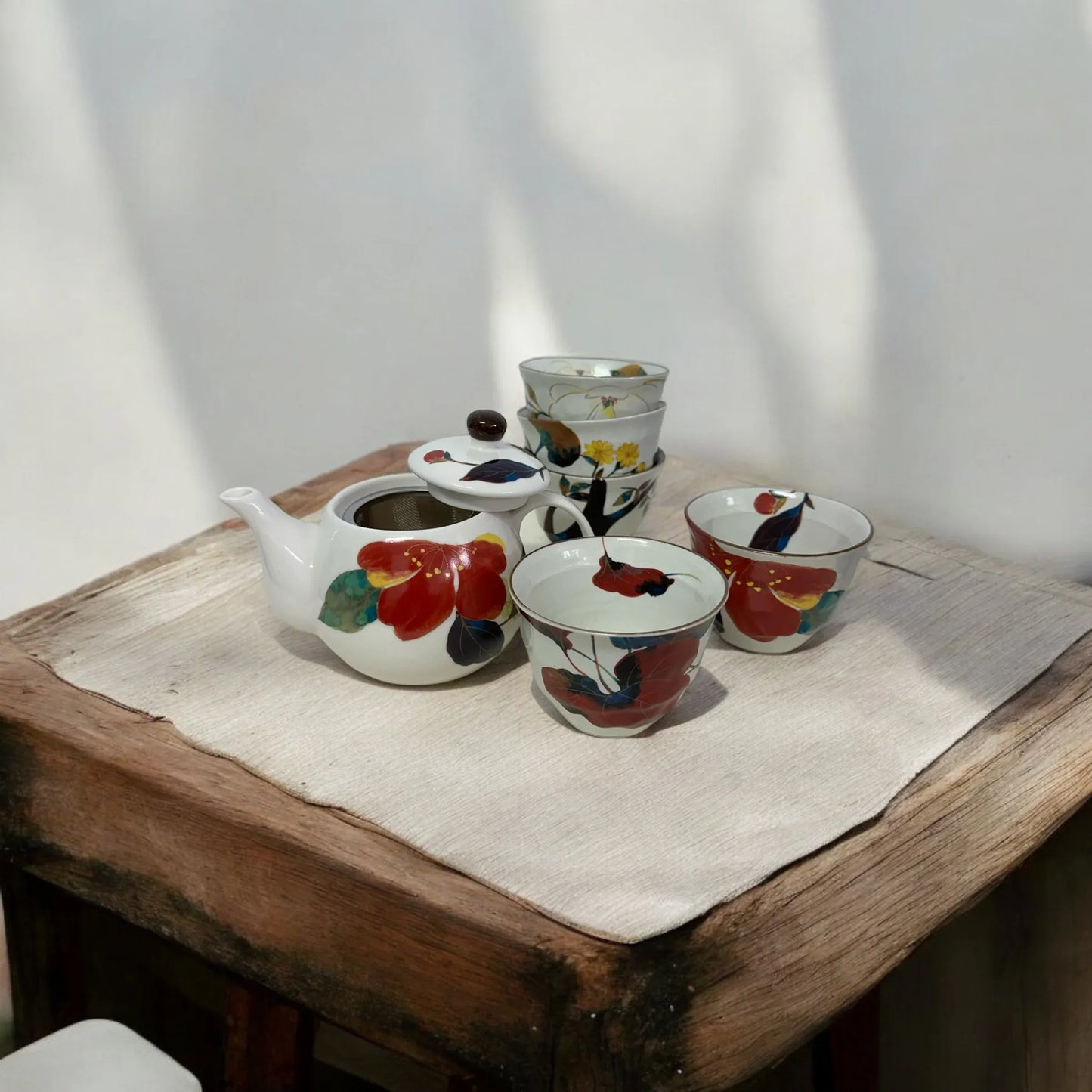 Set of 6 Japanese Mino Yaki Tea Pot Set (Red Multi Flora) - Koki Gifts and Homeware
