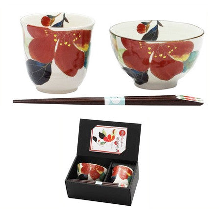 Mino ware Japanese Rice Bowl and Tea Cup Gift Set (Sasanqua) - Koki Gifts and Homeware