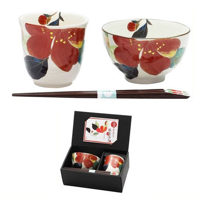 Mino ware Japanese Rice Bowl and Tea Cup Gift Set (Sasanqua) - Koki Gifts and Homeware