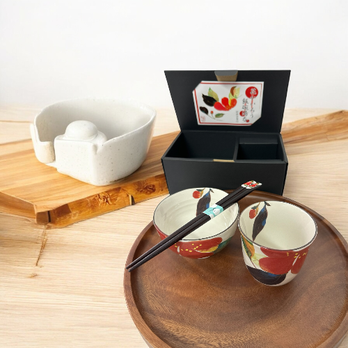 Mino ware Japanese Rice Bowl and Tea Cup Gift Set (Sasanqua) - Koki Gifts and Homeware